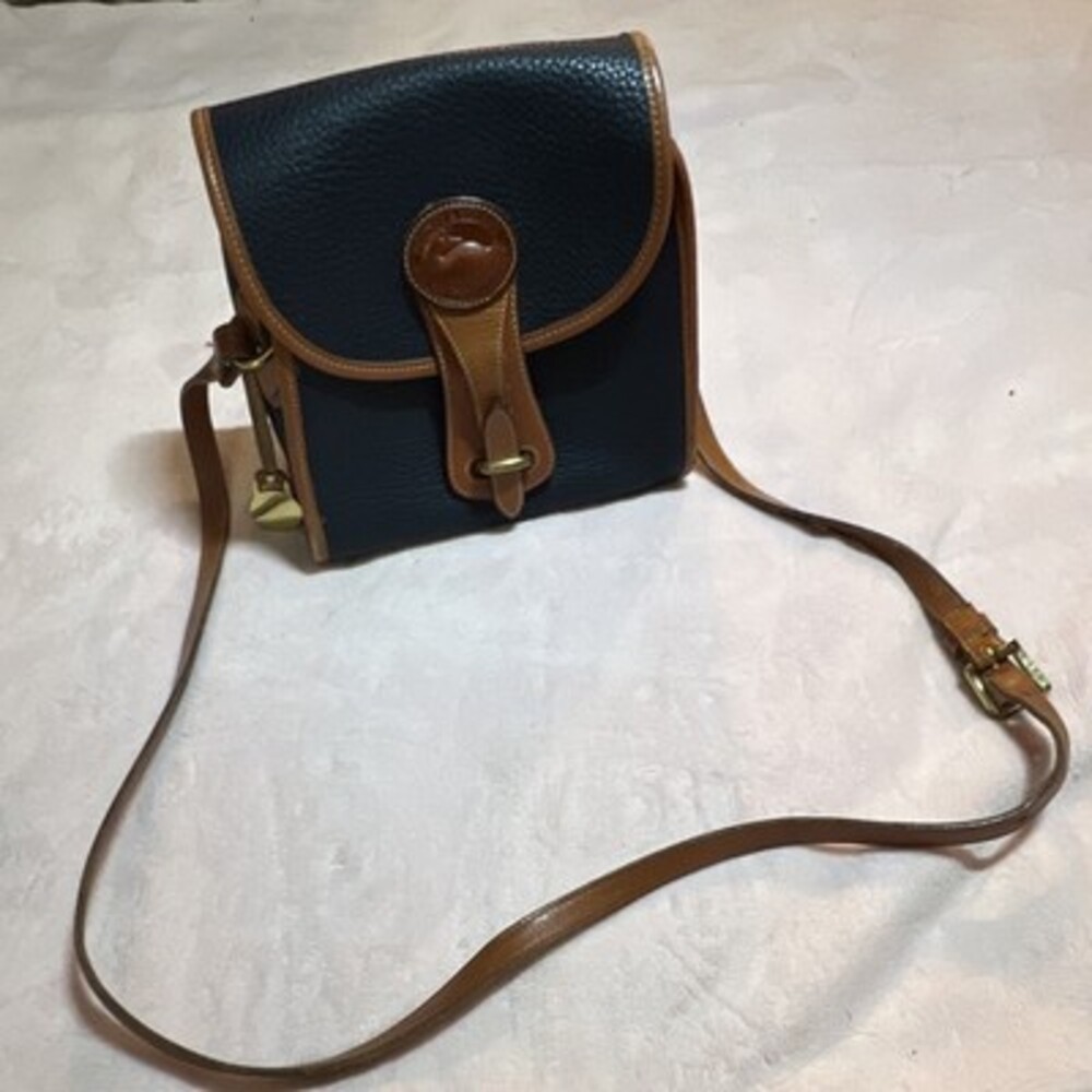 Vintage Dooney & Bourke Navy/Brown Small Crossbody Bag, Buckle Closure